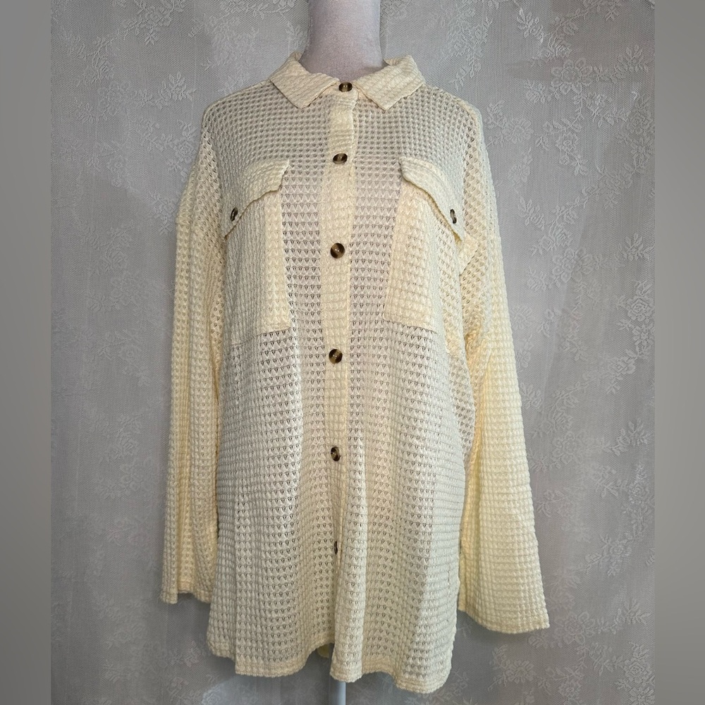 Cream Button-Up Waffle Knit Shirt